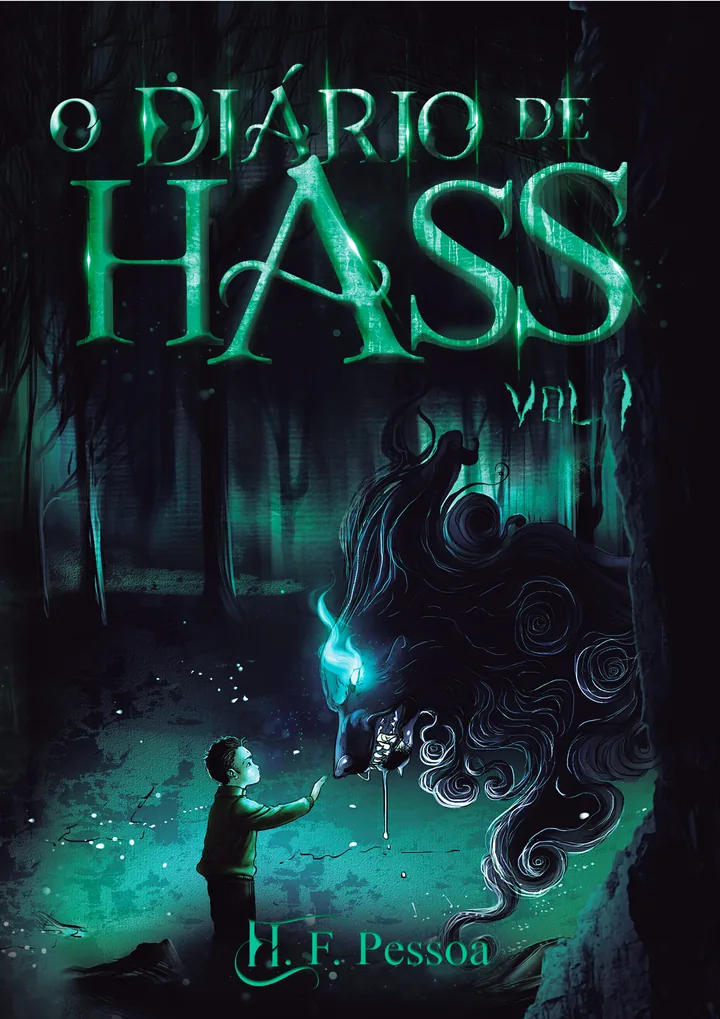 Capa de O Diário de Hass, Volume 1: um menino estende a mão para uma criatura de sombra com olhos brilhantes numa floresta escura